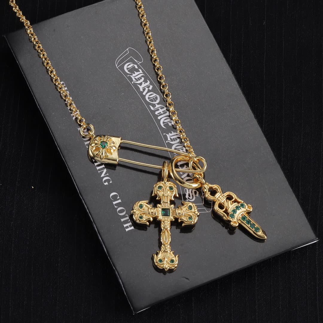 Chrome Hearts Gold Plated Cross and Dagger Charm Necklace